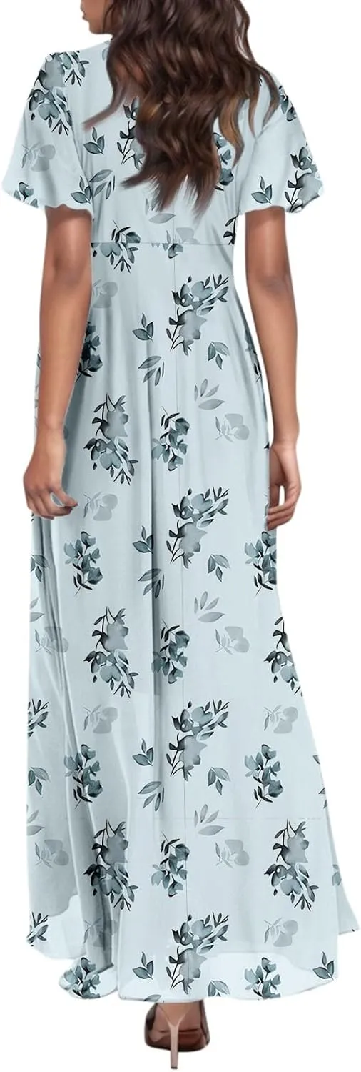 Summer Boho Dresses for Women Empire Waist Long Dress Casual Chiffon Flutter Sleeve Floral Beach Wedding Guest Dresses