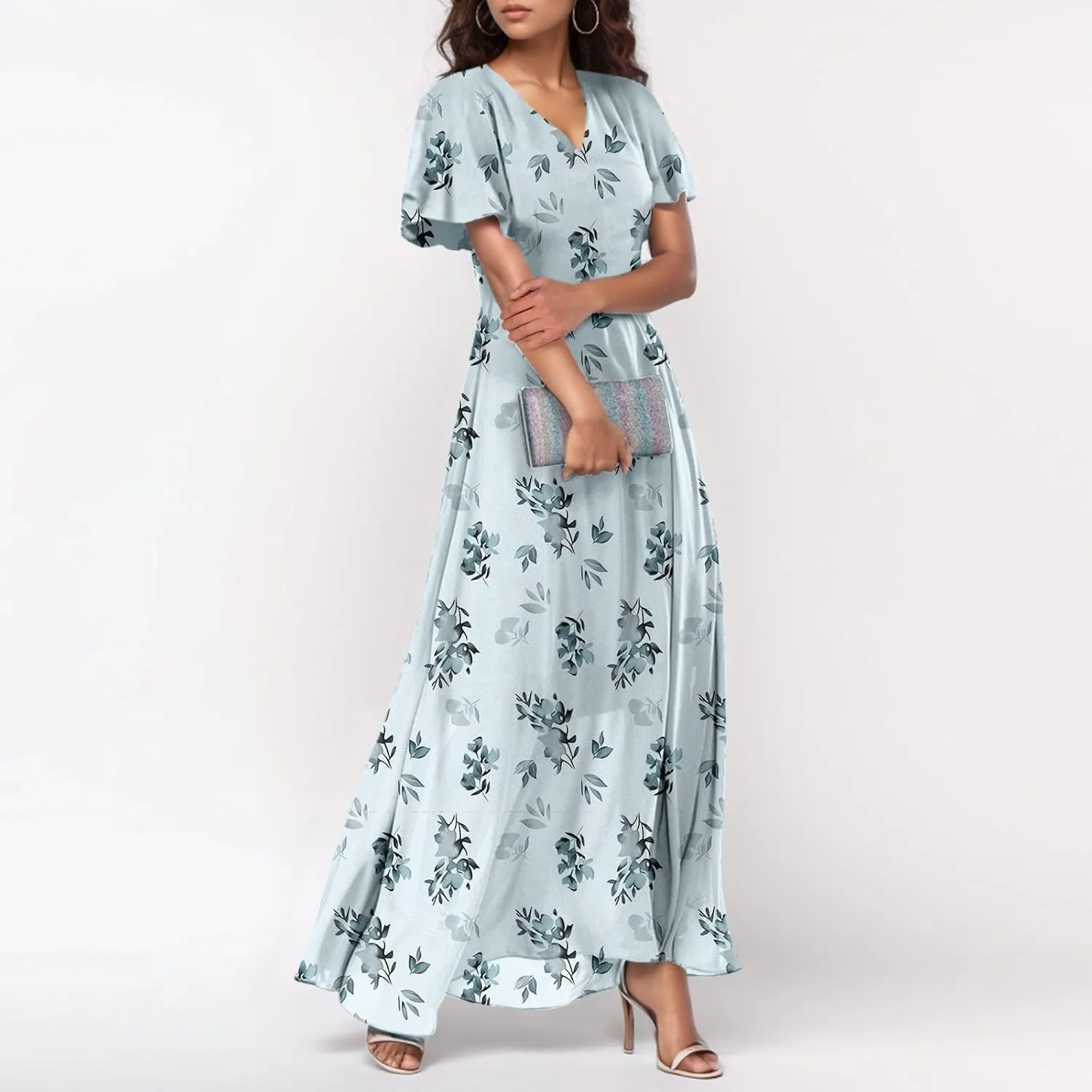 Summer Boho Dresses for Women Empire Waist Long Dress Casual Chiffon Flutter Sleeve Floral Beach Wedding Guest Dresses