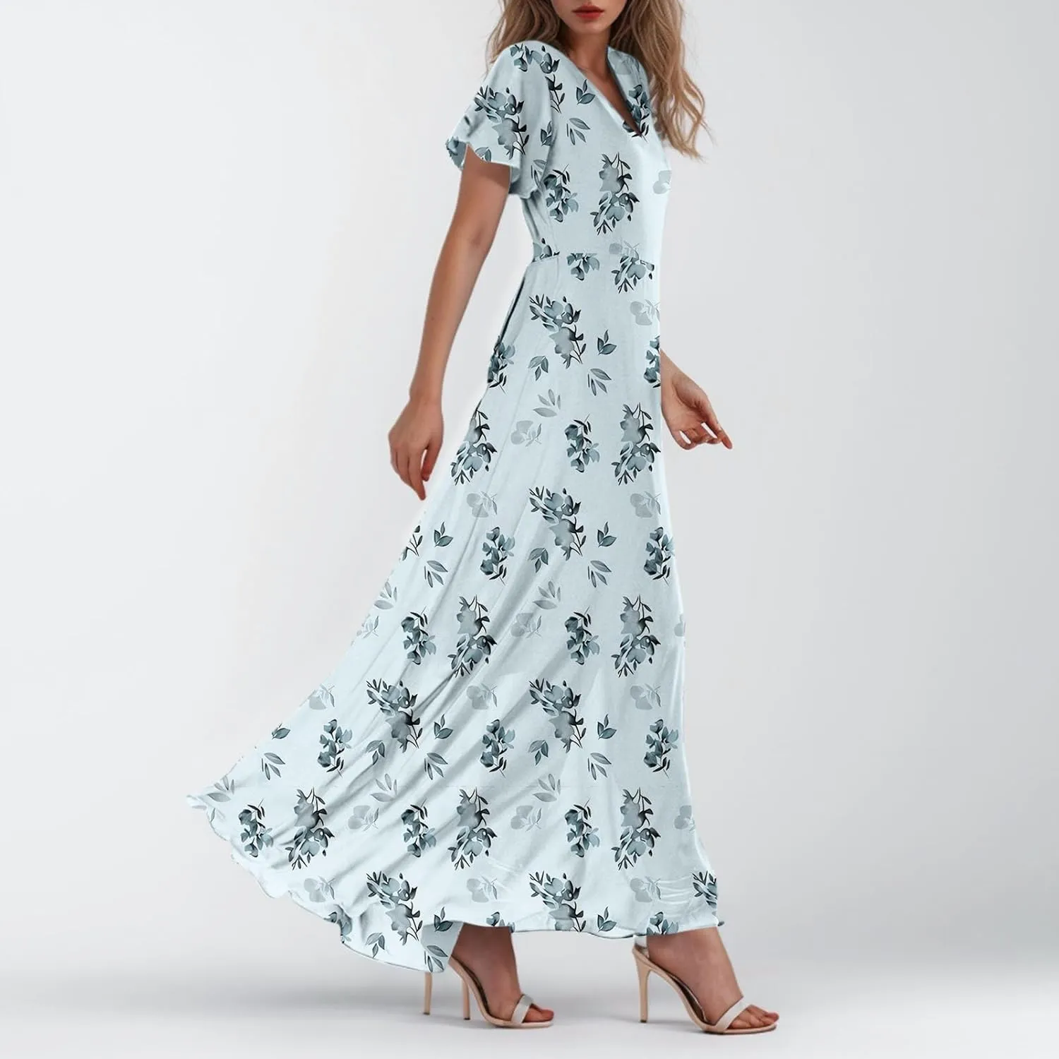 Summer Boho Dresses for Women Empire Waist Long Dress Casual Chiffon Flutter Sleeve Floral Beach Wedding Guest Dresses