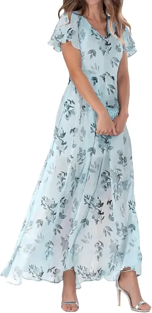 Summer Boho Dresses for Women Empire Waist Long Dress Casual Chiffon Flutter Sleeve Floral Beach Wedding Guest Dresses