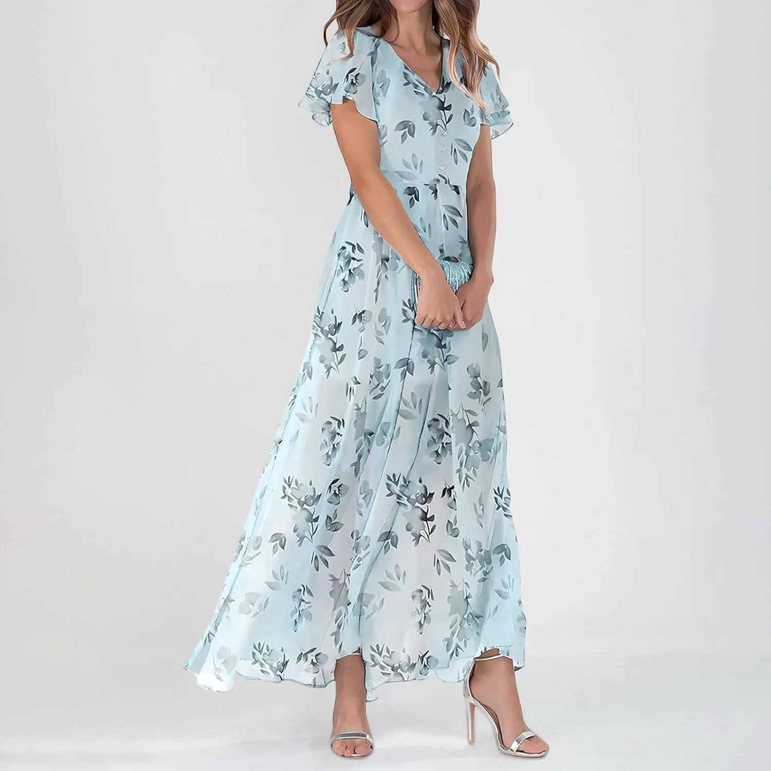 Summer Boho Dresses for Women Empire Waist Long Dress Casual Chiffon Flutter Sleeve Floral Beach Wedding Guest Dresses