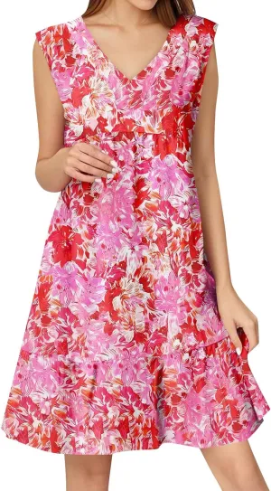 Summer Boho Dresses for Women Sleeveless V Neck Mini Dresses Loose Ruffle Aline Sundresses Casual Beach Cover Up Dress