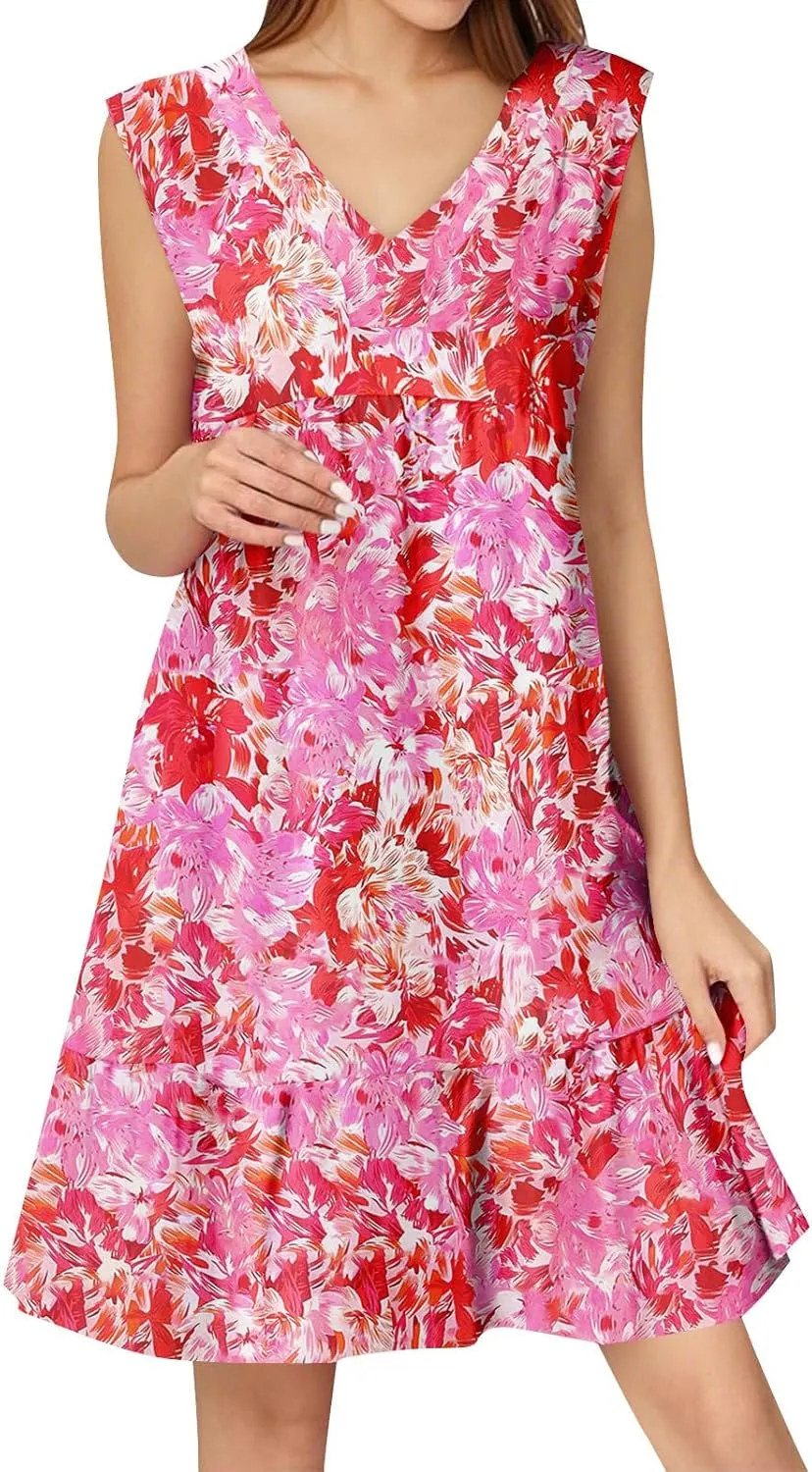 Summer Boho Dresses for Women Sleeveless V Neck Mini Dresses Loose Ruffle Aline Sundresses Casual Beach Cover Up Dress