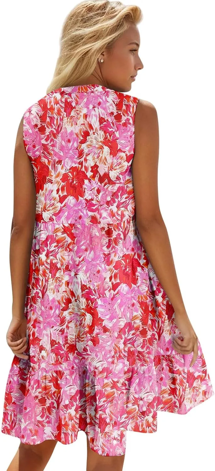 Summer Boho Dresses for Women Sleeveless V Neck Mini Dresses Loose Ruffle Aline Sundresses Casual Beach Cover Up Dress