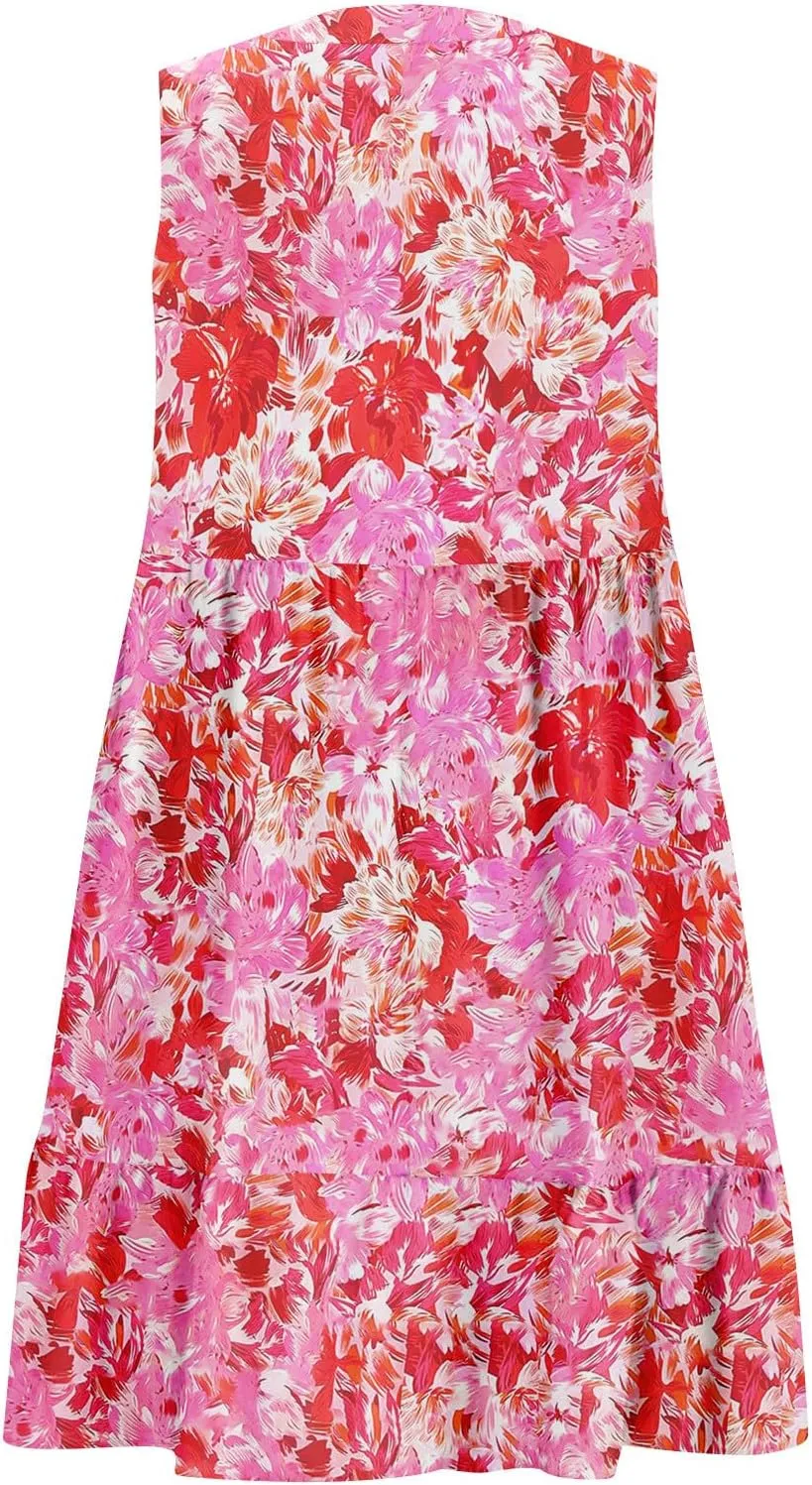 Summer Boho Dresses for Women Sleeveless V Neck Mini Dresses Loose Ruffle Aline Sundresses Casual Beach Cover Up Dress