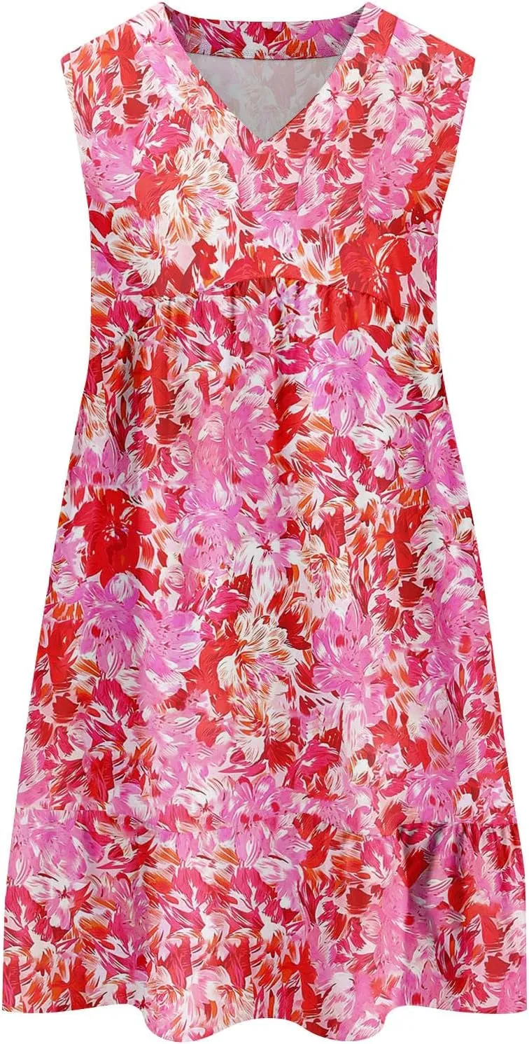 Summer Boho Dresses for Women Sleeveless V Neck Mini Dresses Loose Ruffle Aline Sundresses Casual Beach Cover Up Dress