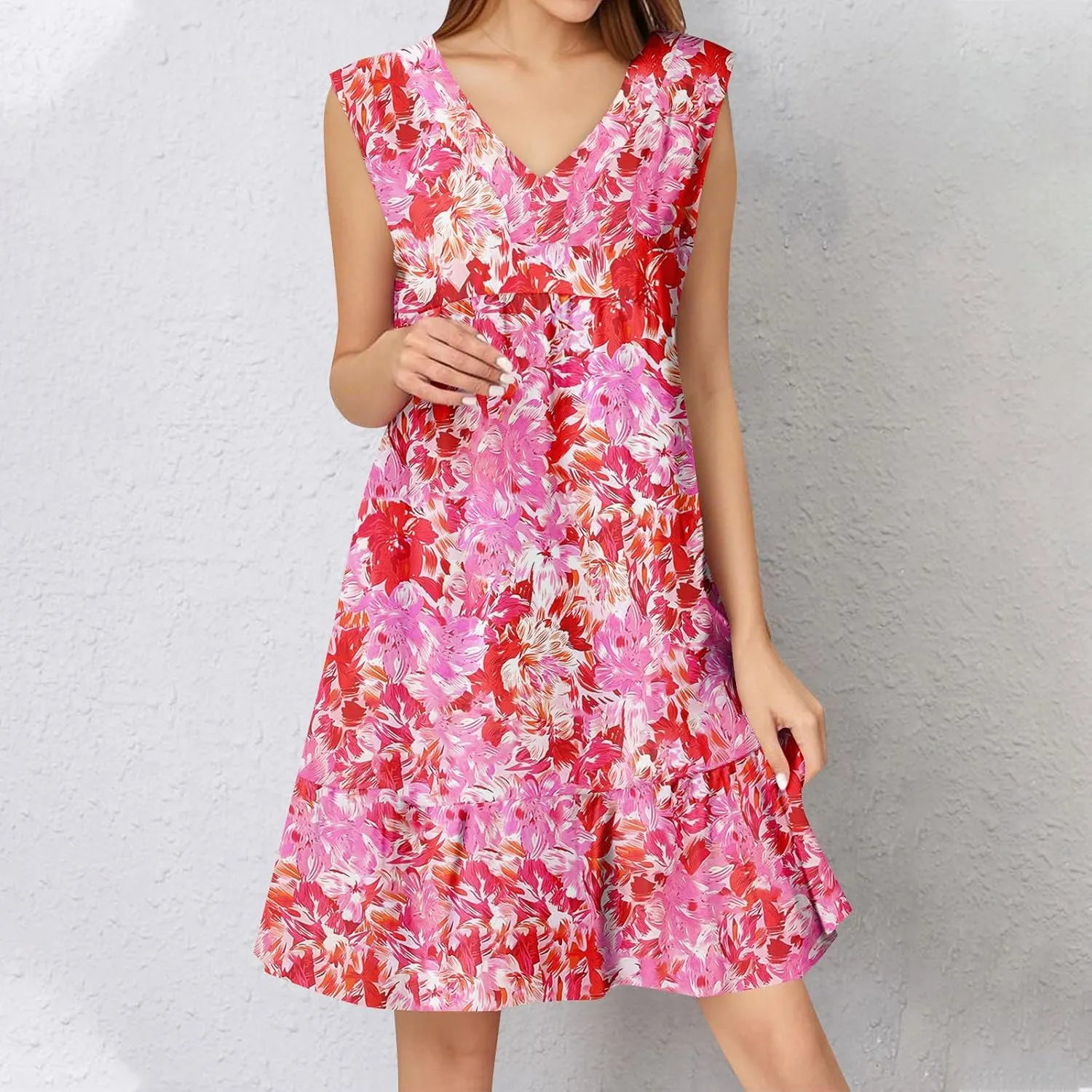 Summer Boho Dresses for Women Sleeveless V Neck Mini Dresses Loose Ruffle Aline Sundresses Casual Beach Cover Up Dress