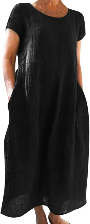 Summer Cotton Linen Dresses for Women Short Sleeve Square Neck Midi Sundresses for Women 2025 Swing Party Short Dresses