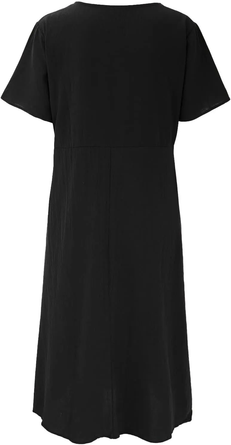 Summer Cotton Linen Dresses for Women Short Sleeve Square Neck Midi Sundresses for Women 2025 Swing Party Short Dresses