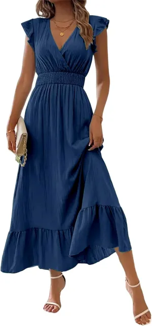 Summer Dress for Women Ruffle Sleeve V Neck Maxi Dresses Waist Flowy Swing Dress Ruched Hem Elegant Sundress 2025