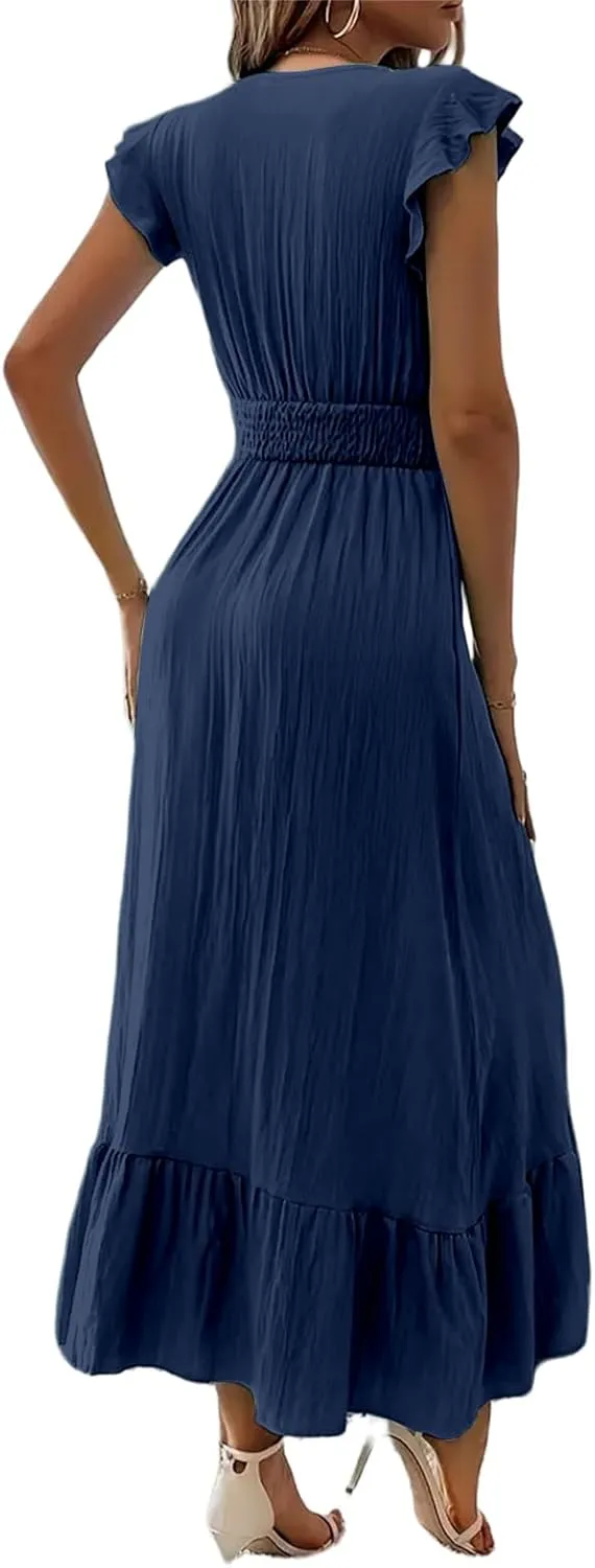 Summer Dress for Women Ruffle Sleeve V Neck Maxi Dresses Waist Flowy Swing Dress Ruched Hem Elegant Sundress 2025