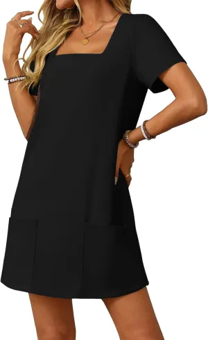 Summer Dress for Women Short Sleeve Square Neck Dresses Solid Color Tshirt Mini Dresses Casual Dress with Pockets