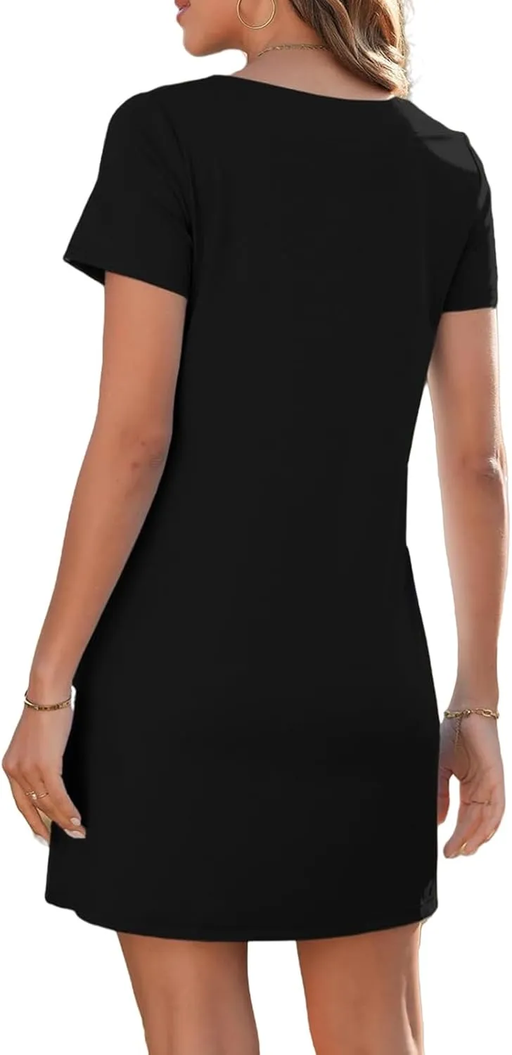 Summer Dress for Women Short Sleeve Square Neck Dresses Solid Color Tshirt Mini Dresses Casual Dress with Pockets