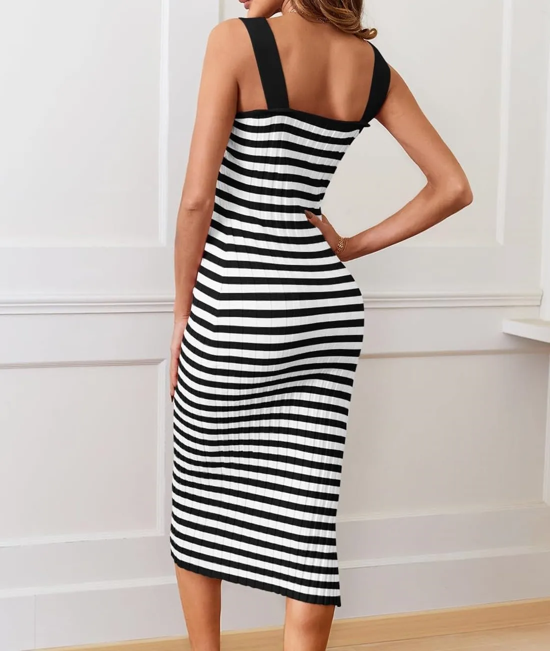 Summer Dresses for Women 2025 Bodycon Midi Dress Sleeveless Slim Fit Dresses Fashion Striped Party Club Dress