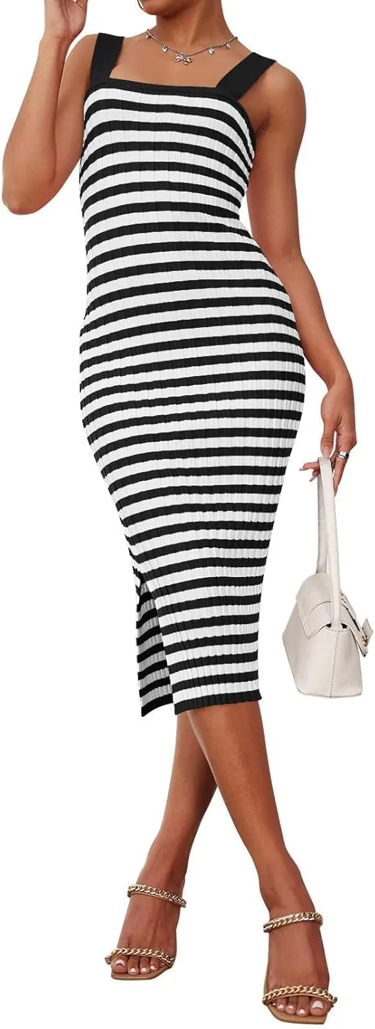 Summer Dresses for Women 2025 Bodycon Midi Dress Sleeveless Slim Fit Dresses Fashion Striped Party Club Dress