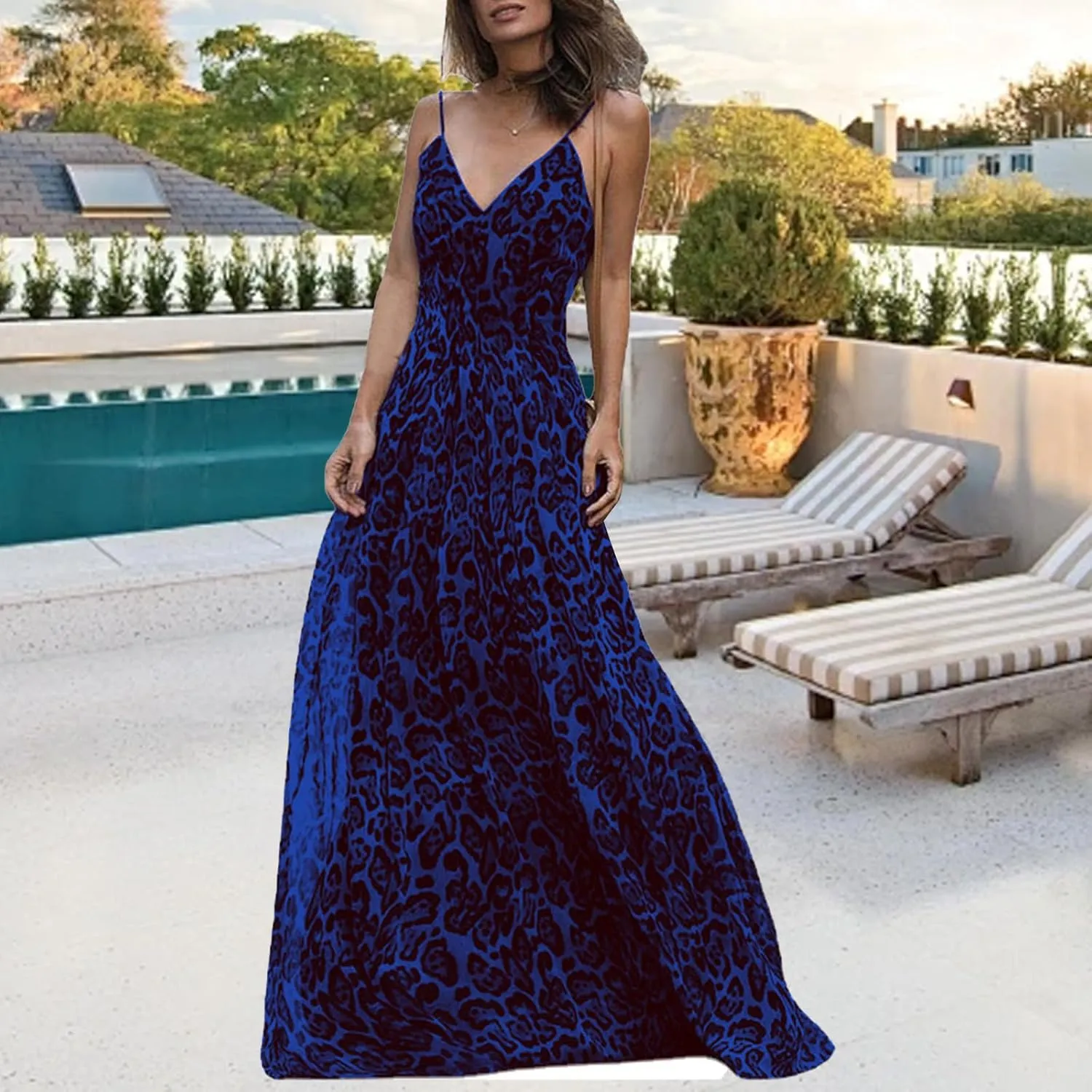 Summer Dresses for Women 2025 Elegant Leopard Maxi Dresses Spaghetti Strap V Neck Dress Summer Backless Sexy Dress