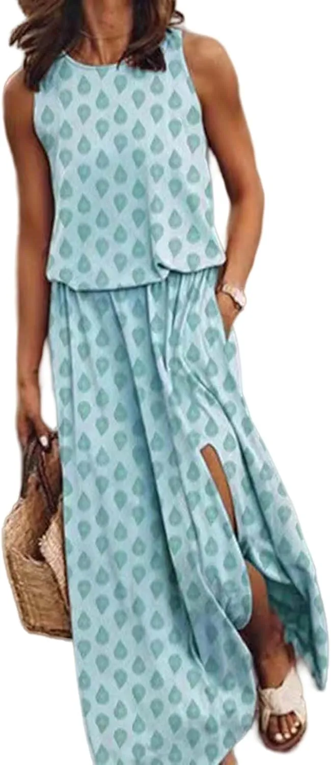 Summer Dresses for Women 2025 Sleeveless Crewneck Maxi Dress Ruffle Casual Dresses Beach Vacation Party Sundress