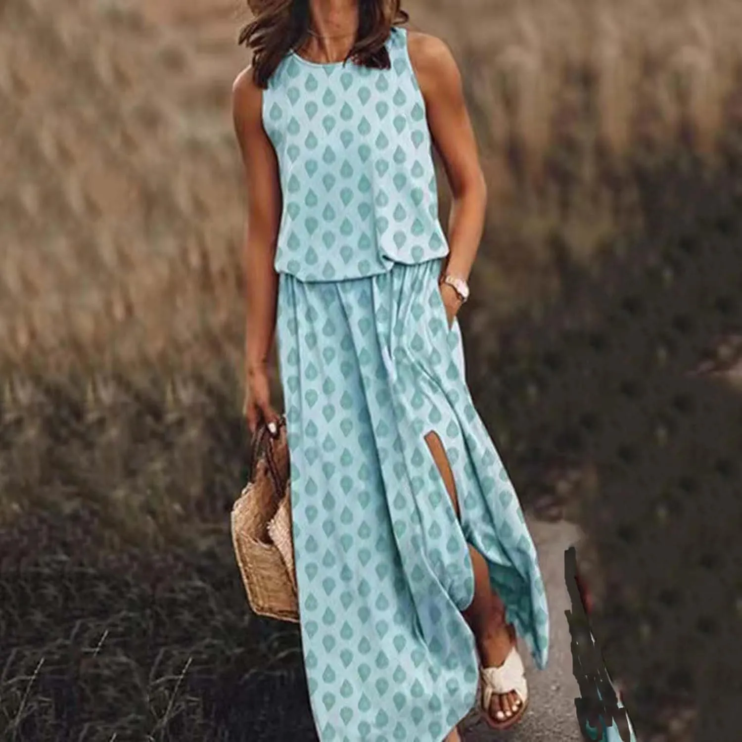 Summer Dresses for Women 2025 Sleeveless Crewneck Maxi Dress Ruffle Casual Dresses Beach Vacation Party Sundress
