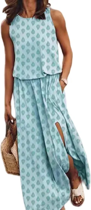 Summer Dresses for Women 2025 Sleeveless Crewneck Maxi Dress Ruffle Casual Dresses Beach Vacation Party Sundress