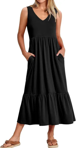 Summer Dresses for Women 2025 Sleeveless V Neck Sundress Ruffle Tiered Beach Vacation Dress The Waist Dresses