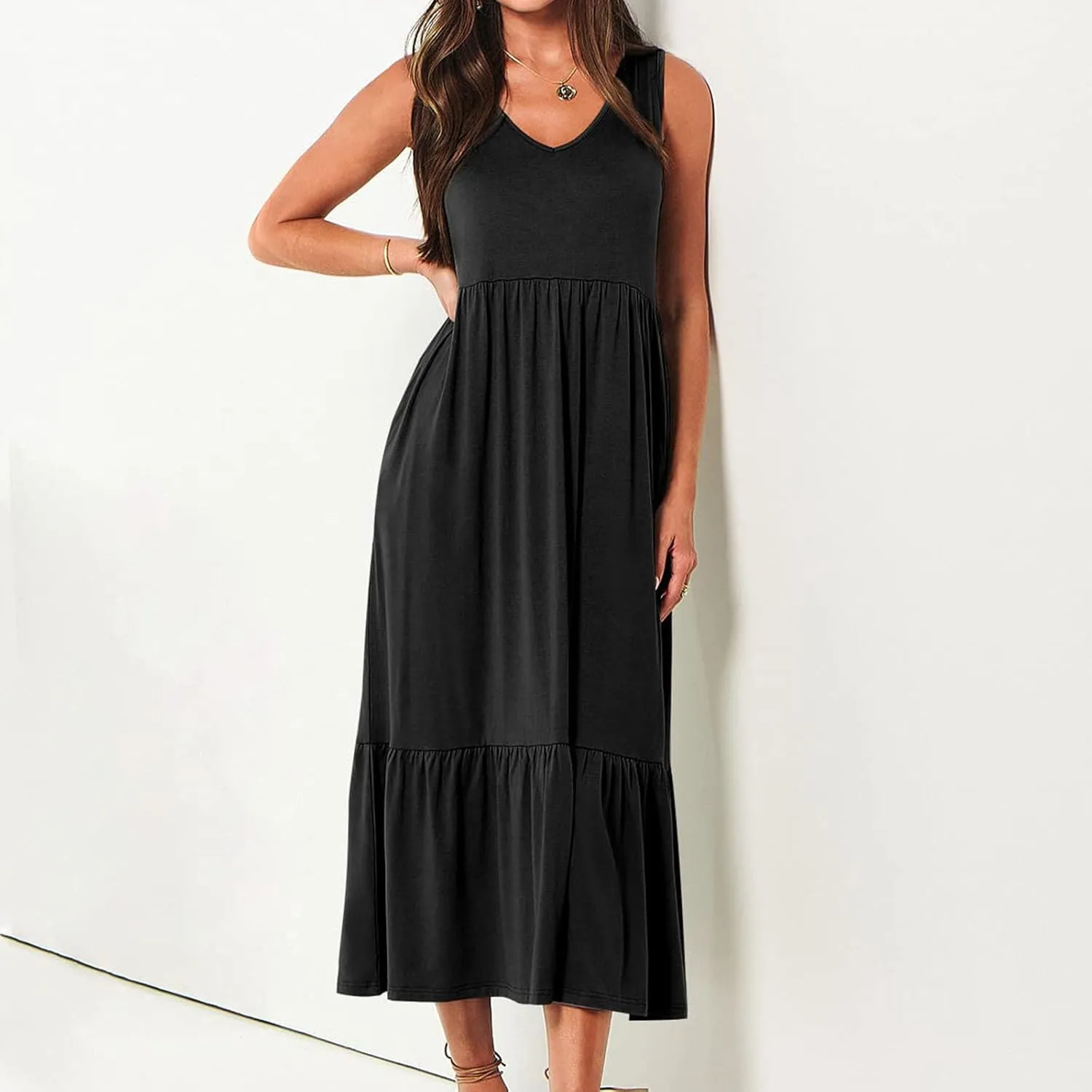 Summer Dresses for Women 2025 Sleeveless V Neck Sundress Ruffle Tiered Beach Vacation Dress The Waist Dresses