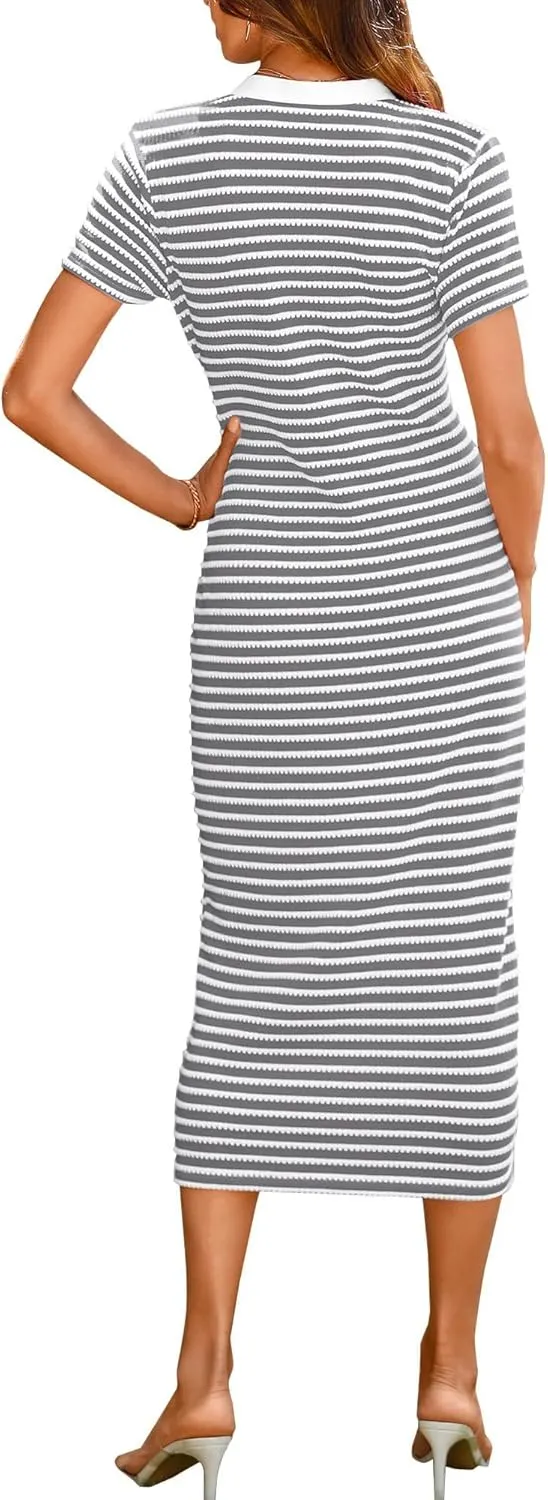 Summer Dresses for Women 2025 Striped Short Sleeve V Neck Button Down Shirt Dress Beach Vacation Sundress