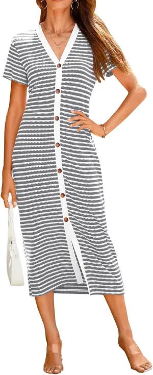 Summer Dresses for Women 2025 Striped Short Sleeve V Neck Button Down Shirt Dress Beach Vacation Sundress