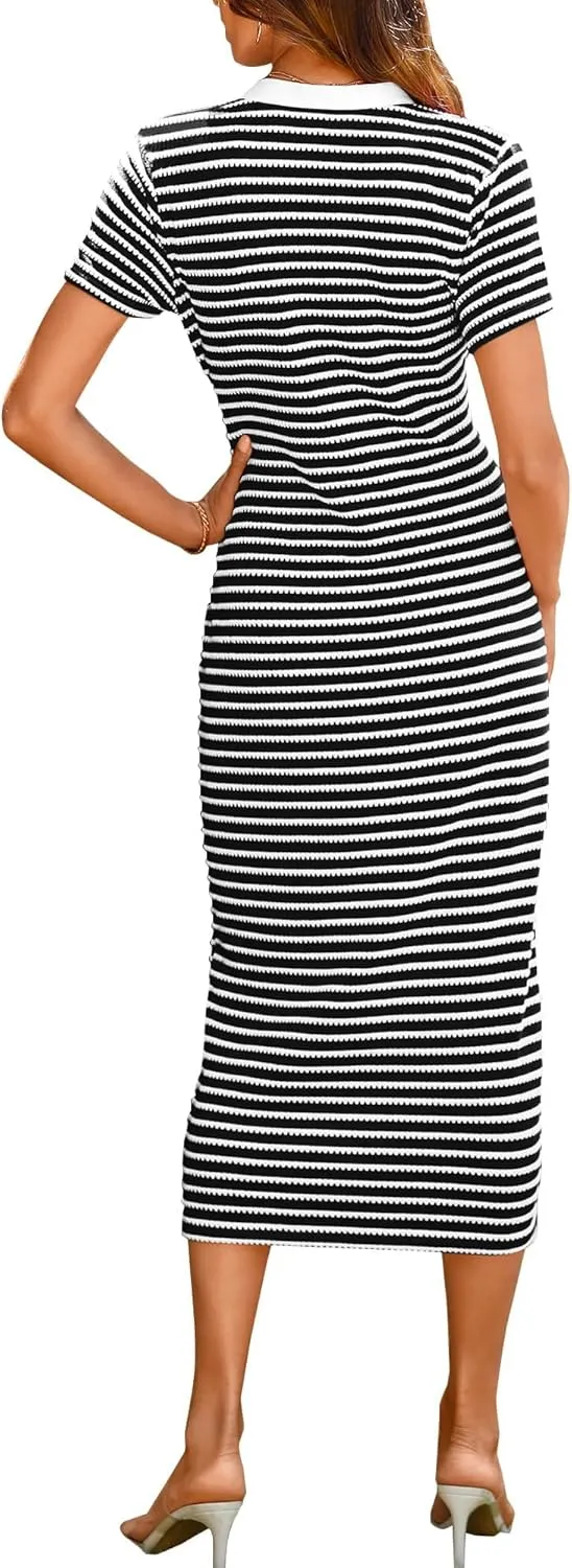 Summer Dresses for Women 2025 Striped Short Sleeve V Neck Button Down Shirt Dress Beach Vacation Sundress