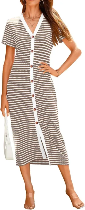 Summer Dresses for Women 2025 Striped Short Sleeve V Neck Button Down Shirt Dress Beach Vacation Sundress