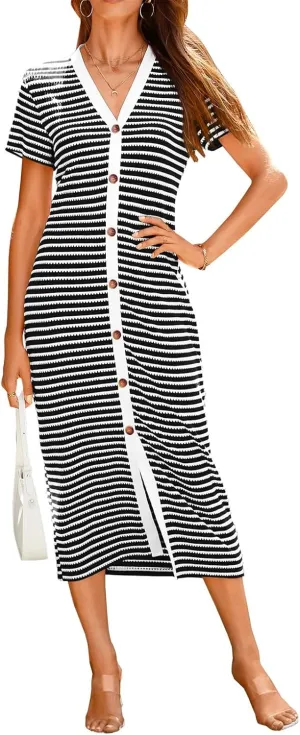Summer Dresses for Women 2025 Striped Short Sleeve V Neck Button Down Shirt Dress Beach Vacation Sundress