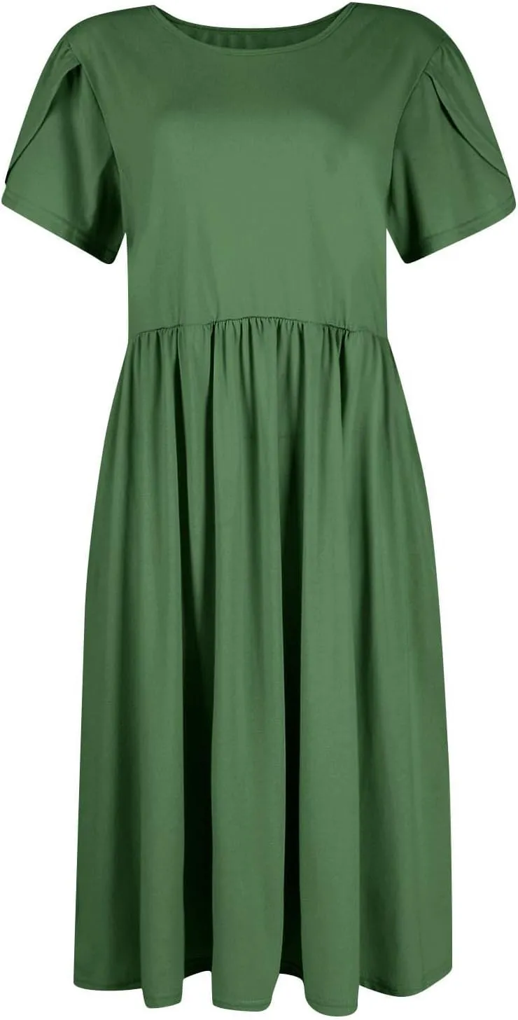 Summer Dresses for Women Casual Pleated Loose Maxi Dress Fahion Short Sleeve A-Line Dresses Empire Waist T-Shirt Dress