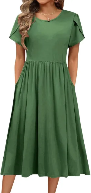 Summer Dresses for Women Casual Pleated Loose Maxi Dress Fahion Short Sleeve A-Line Dresses Empire Waist T-Shirt Dress