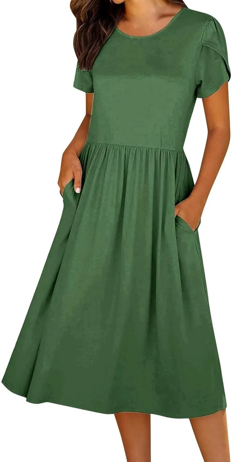 Summer Dresses for Women Casual Pleated Loose Maxi Dress Fahion Short Sleeve A-Line Dresses Empire Waist T-Shirt Dress