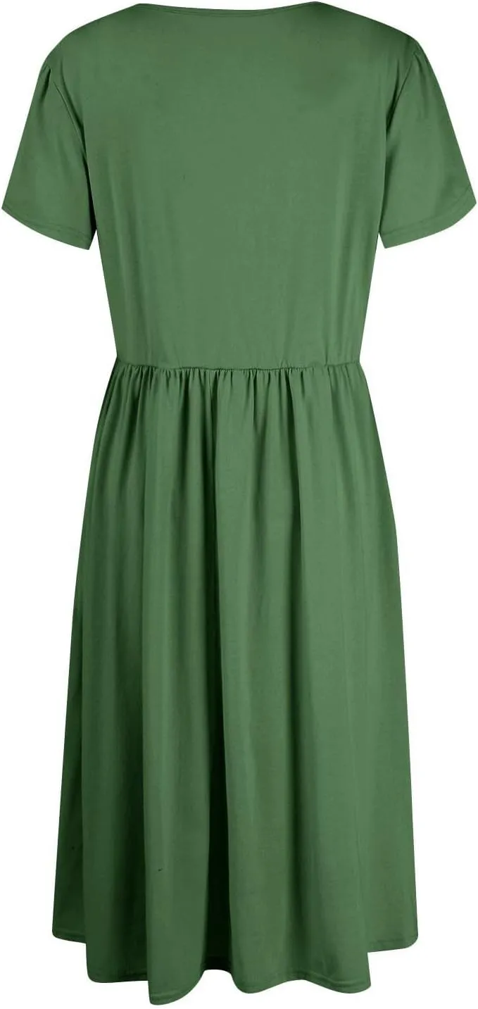 Summer Dresses for Women Casual Pleated Loose Maxi Dress Fahion Short Sleeve A-Line Dresses Empire Waist T-Shirt Dress