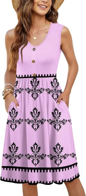 Summer Dresses for Women Elegant Sleeveless Crewneck Patchwork A-line Button Down Ruffled Midi Dresses