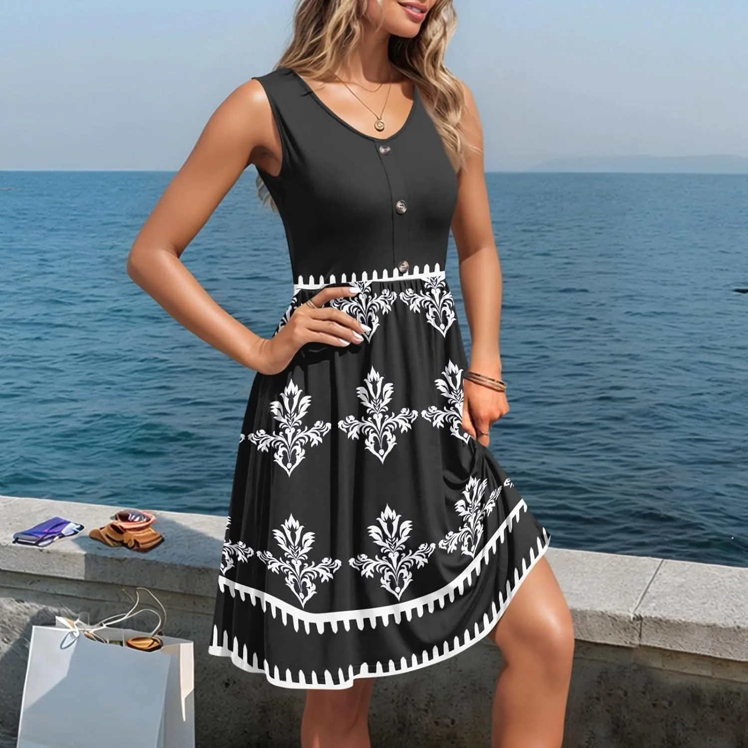 Summer Dresses for Women Elegant Sleeveless Crewneck Patchwork A-line Button Down Ruffled Midi Dresses
