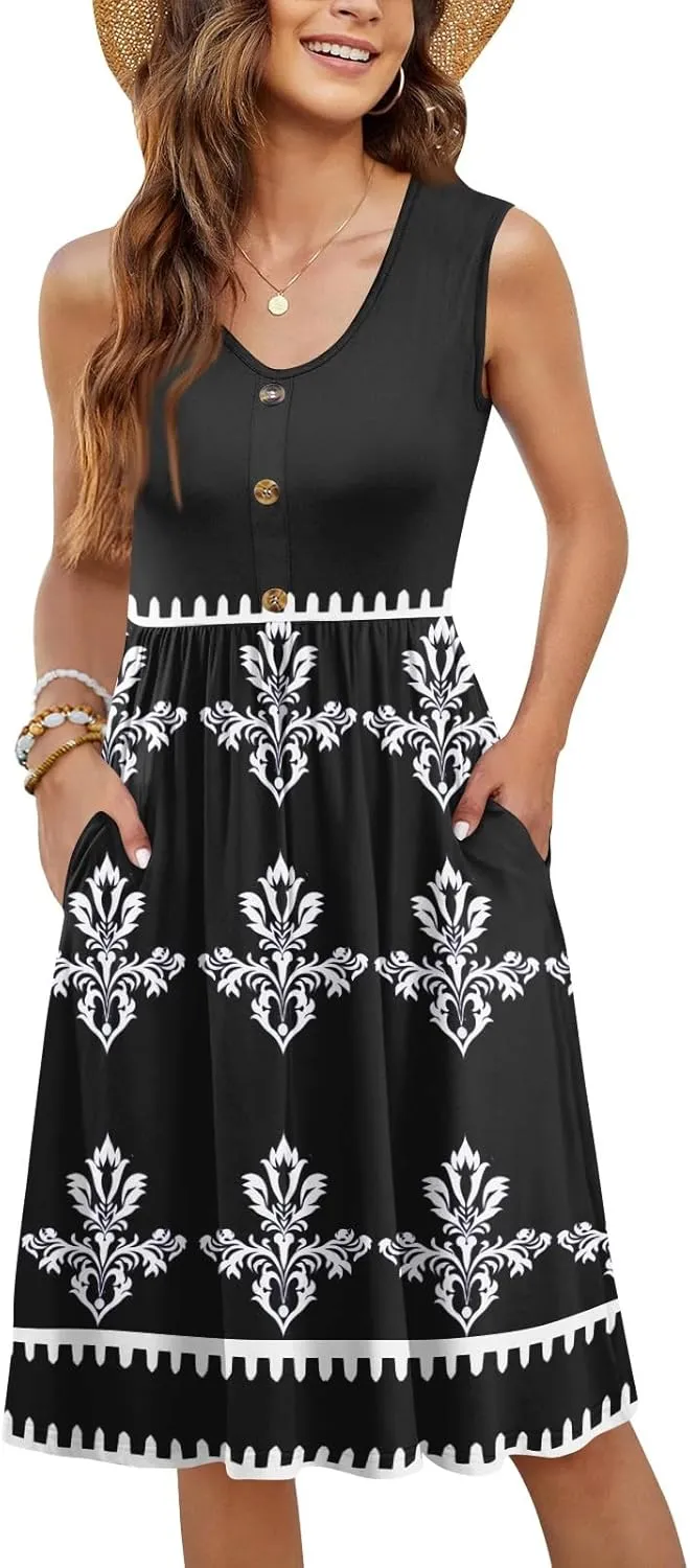 Summer Dresses for Women Elegant Sleeveless Crewneck Patchwork A-line Button Down Ruffled Midi Dresses