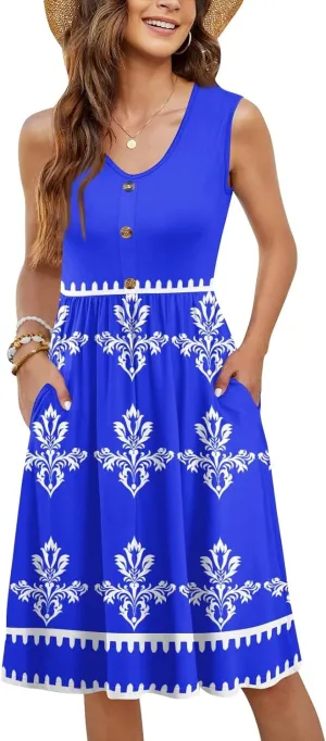 Summer Dresses for Women Elegant Sleeveless Crewneck Patchwork A-line Button Down Ruffled Midi Dresses