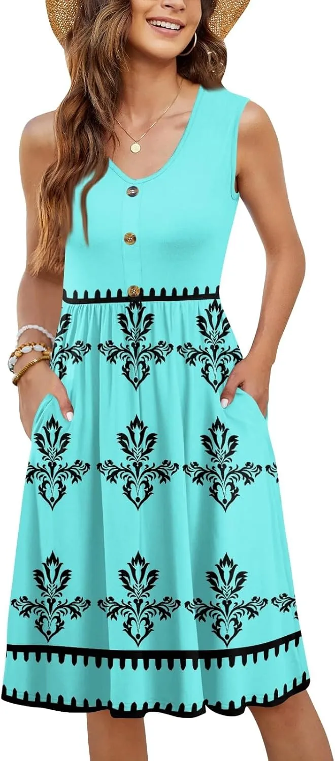 Summer Dresses for Women Elegant Sleeveless Crewneck Patchwork A-line Button Down Ruffled Midi Dresses