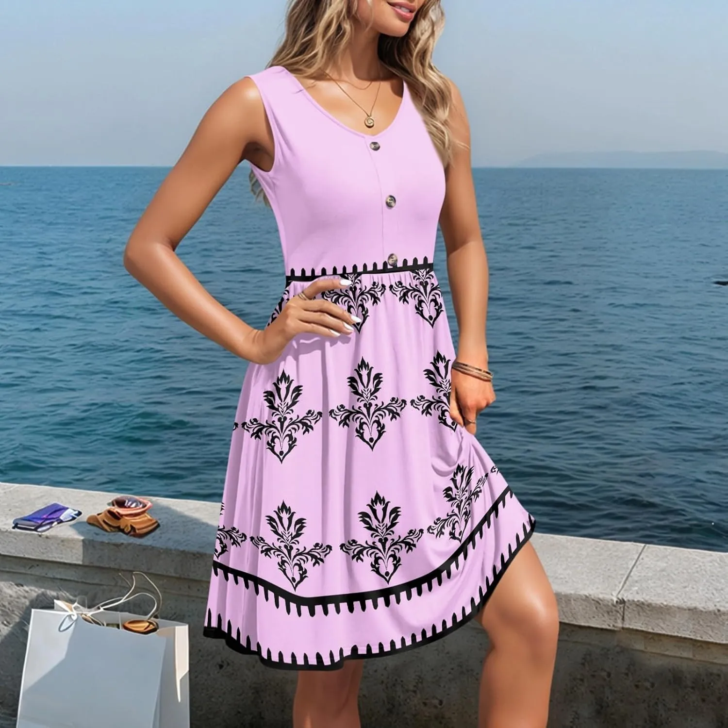 Summer Dresses for Women Elegant Sleeveless Crewneck Patchwork A-line Button Down Ruffled Midi Dresses