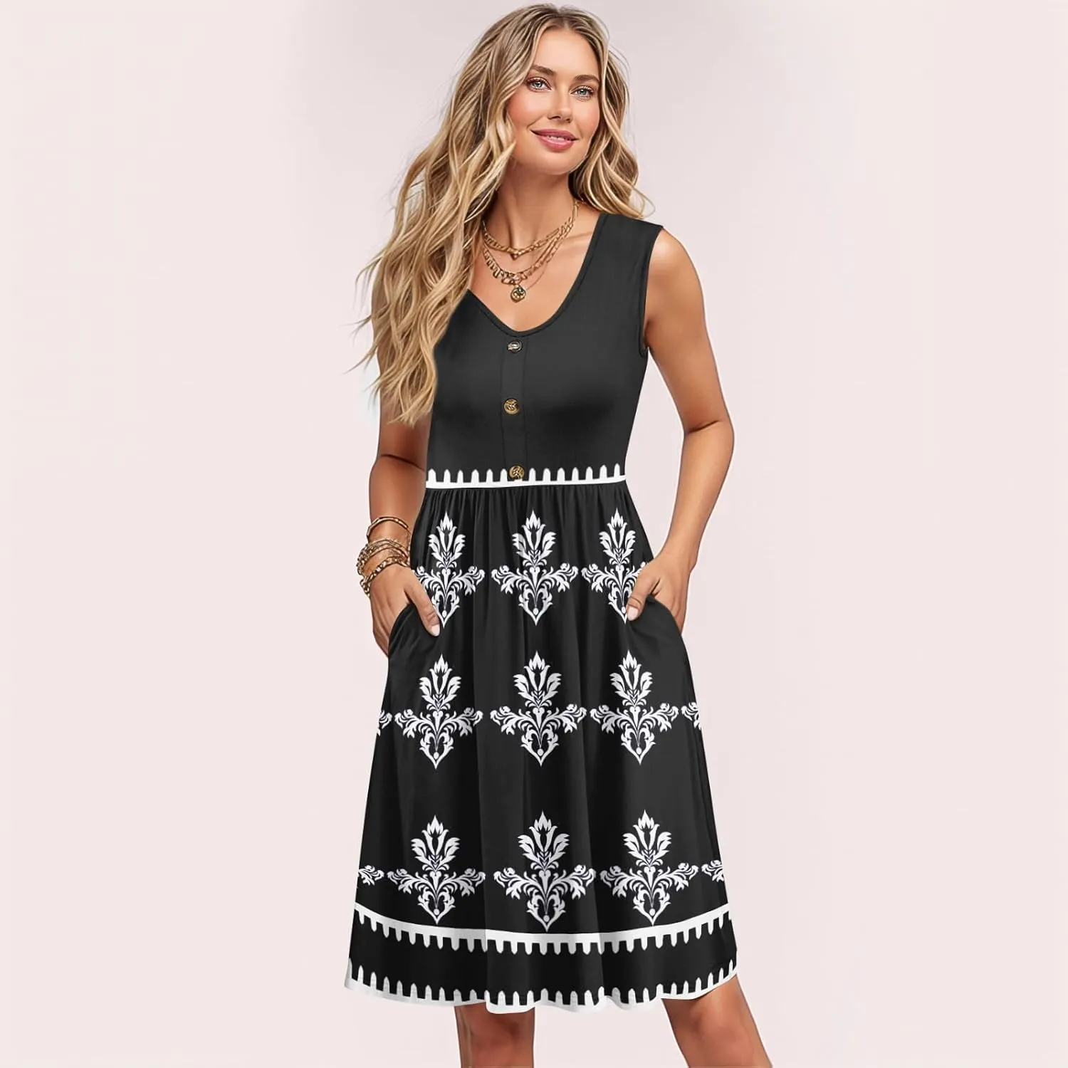 Summer Dresses for Women Elegant Sleeveless Crewneck Patchwork A-line Button Down Ruffled Midi Dresses