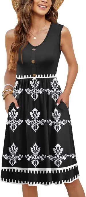 Summer Dresses for Women Elegant Sleeveless Crewneck Patchwork A-line Button Down Ruffled Midi Dresses