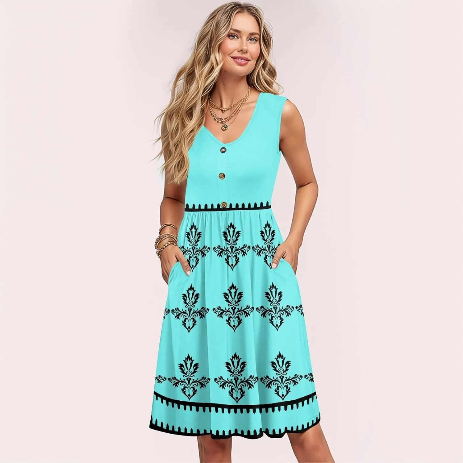 Summer Dresses for Women Elegant Sleeveless Crewneck Patchwork A-line Button Down Ruffled Midi Dresses