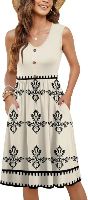 Summer Dresses for Women Elegant Sleeveless Crewneck Patchwork A-line Button Down Ruffled Midi Dresses