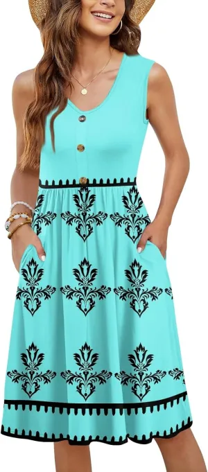 Summer Dresses for Women Elegant Sleeveless Crewneck Patchwork A-line Button Down Ruffled Midi Dresses