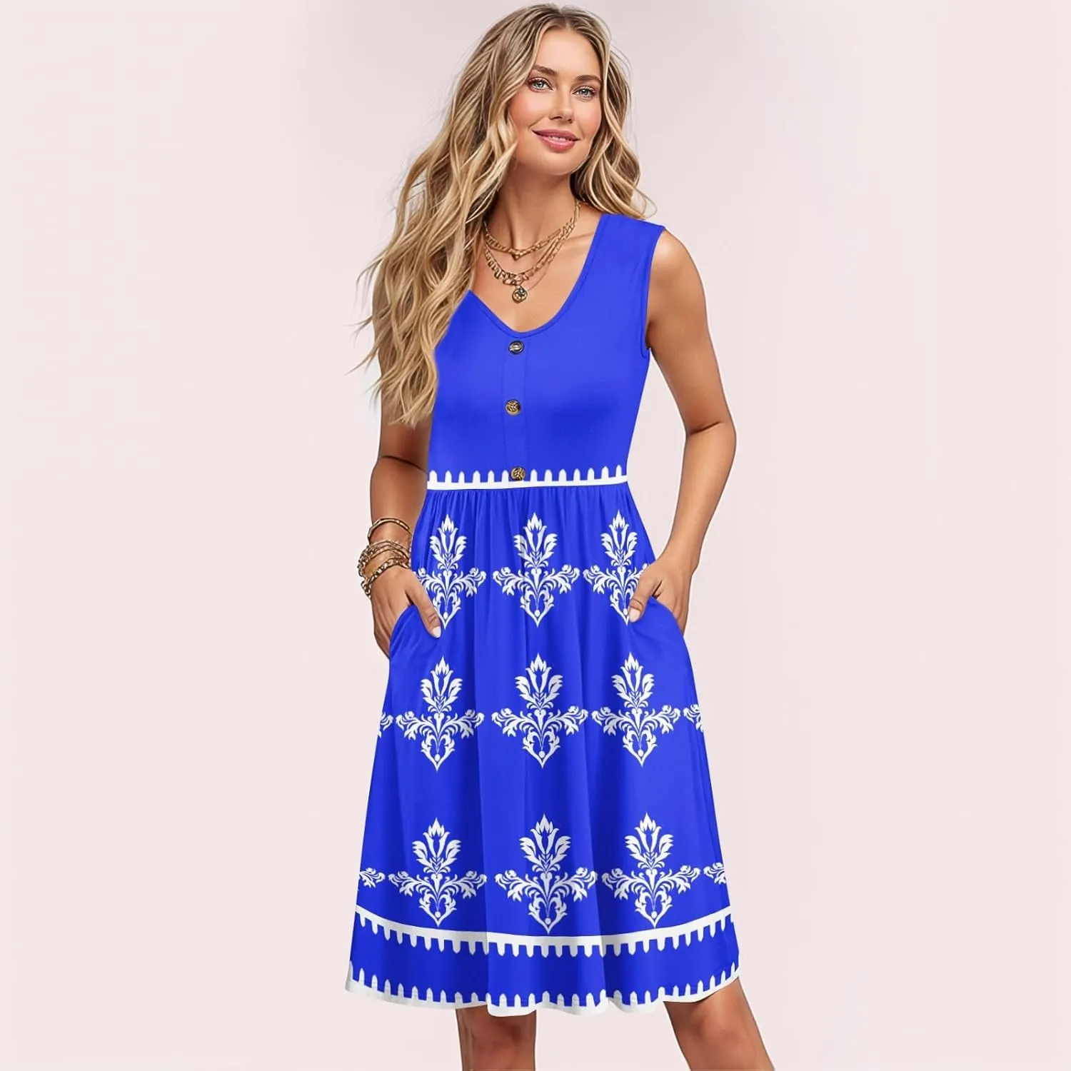 Summer Dresses for Women Elegant Sleeveless Crewneck Patchwork A-line Button Down Ruffled Midi Dresses