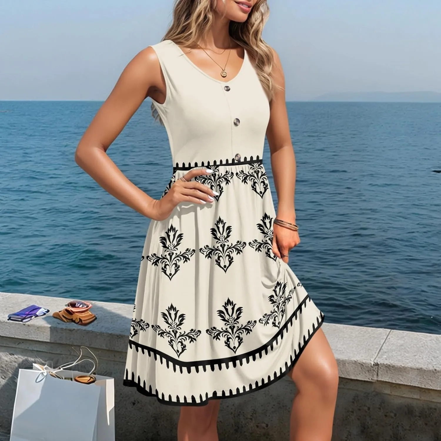 Summer Dresses for Women Elegant Sleeveless Crewneck Patchwork A-line Button Down Ruffled Midi Dresses