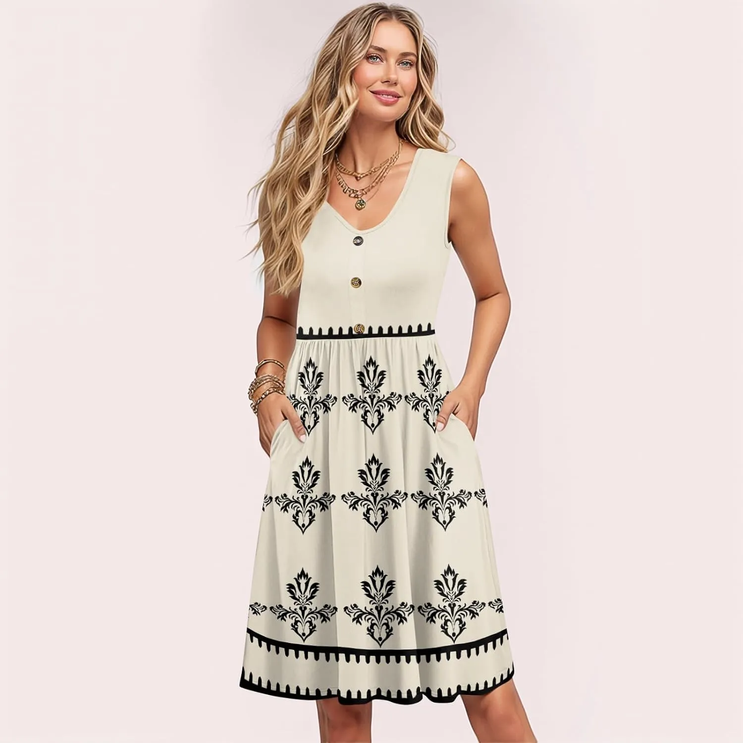 Summer Dresses for Women Elegant Sleeveless Crewneck Patchwork A-line Button Down Ruffled Midi Dresses
