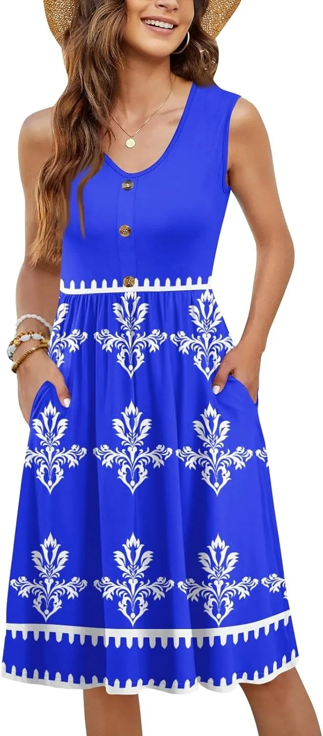 Summer Dresses for Women Elegant Sleeveless Crewneck Patchwork A-line Button Down Ruffled Midi Dresses