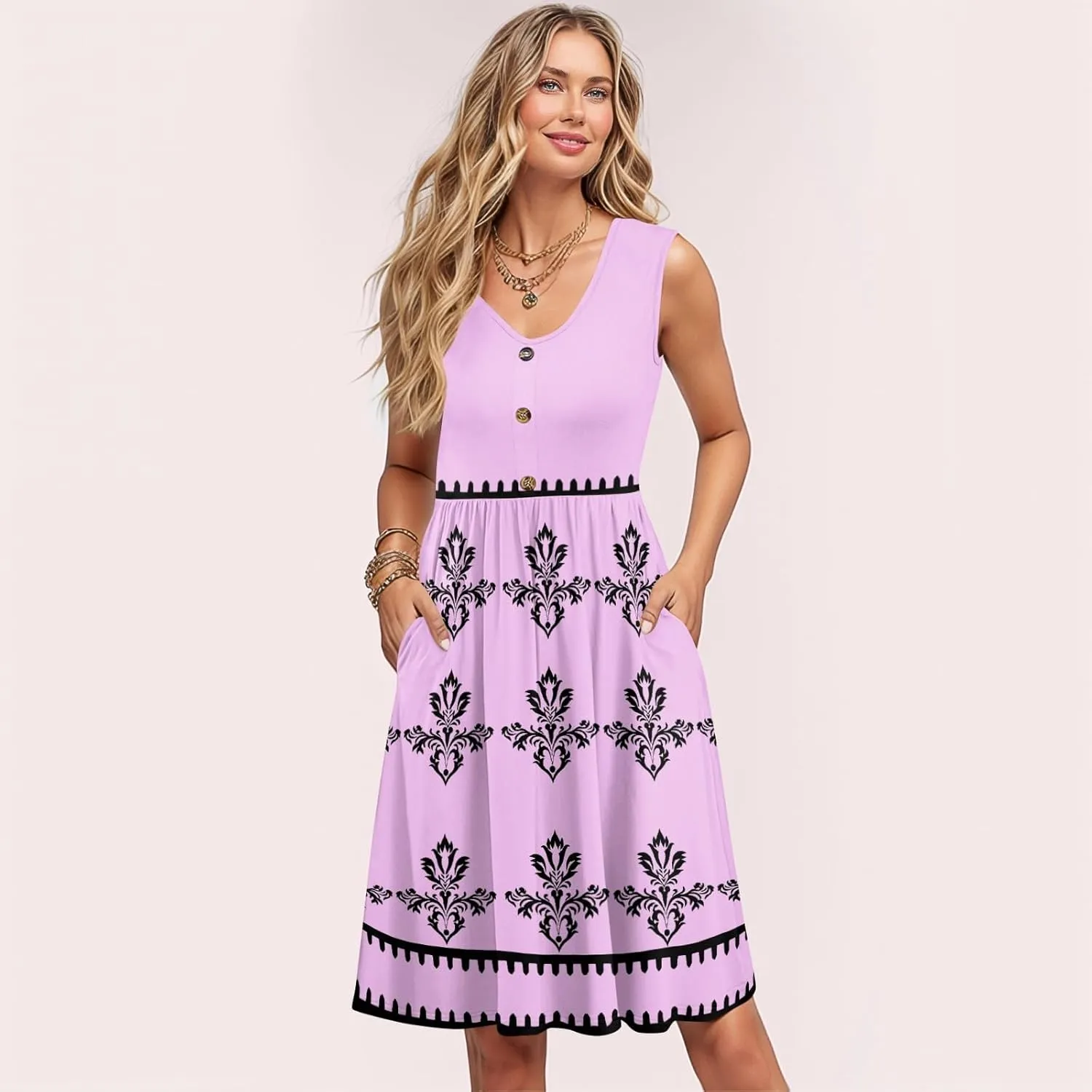 Summer Dresses for Women Elegant Sleeveless Crewneck Patchwork A-line Button Down Ruffled Midi Dresses